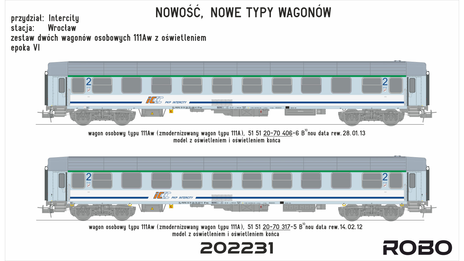 202231 - Zestaw 2 wagonów osobowych, PKP Intercity, stacja Wrocław, z oświetleniem ROBO 2.0