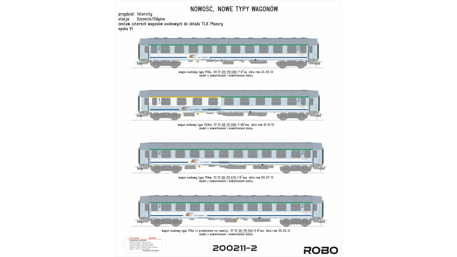 200211-2 - Zestaw 4 wagonów osobowych PKP Intercity z oświetleniem ROBO 2.0 – TLK „Mazury”