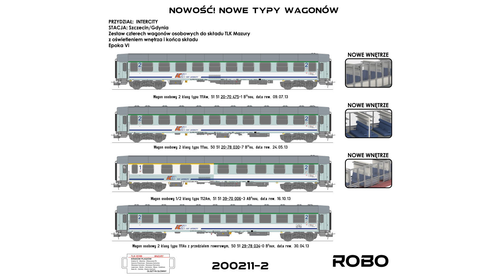 200211-2 - Set of Four PKP Intercity Passenger Coaches with ROBO 2.0 Interior Lighting – TLK "Mazury"